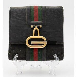 Vintage Gucci 60s Black Leather Trifold Wallet Gold G Hardware Signature Red